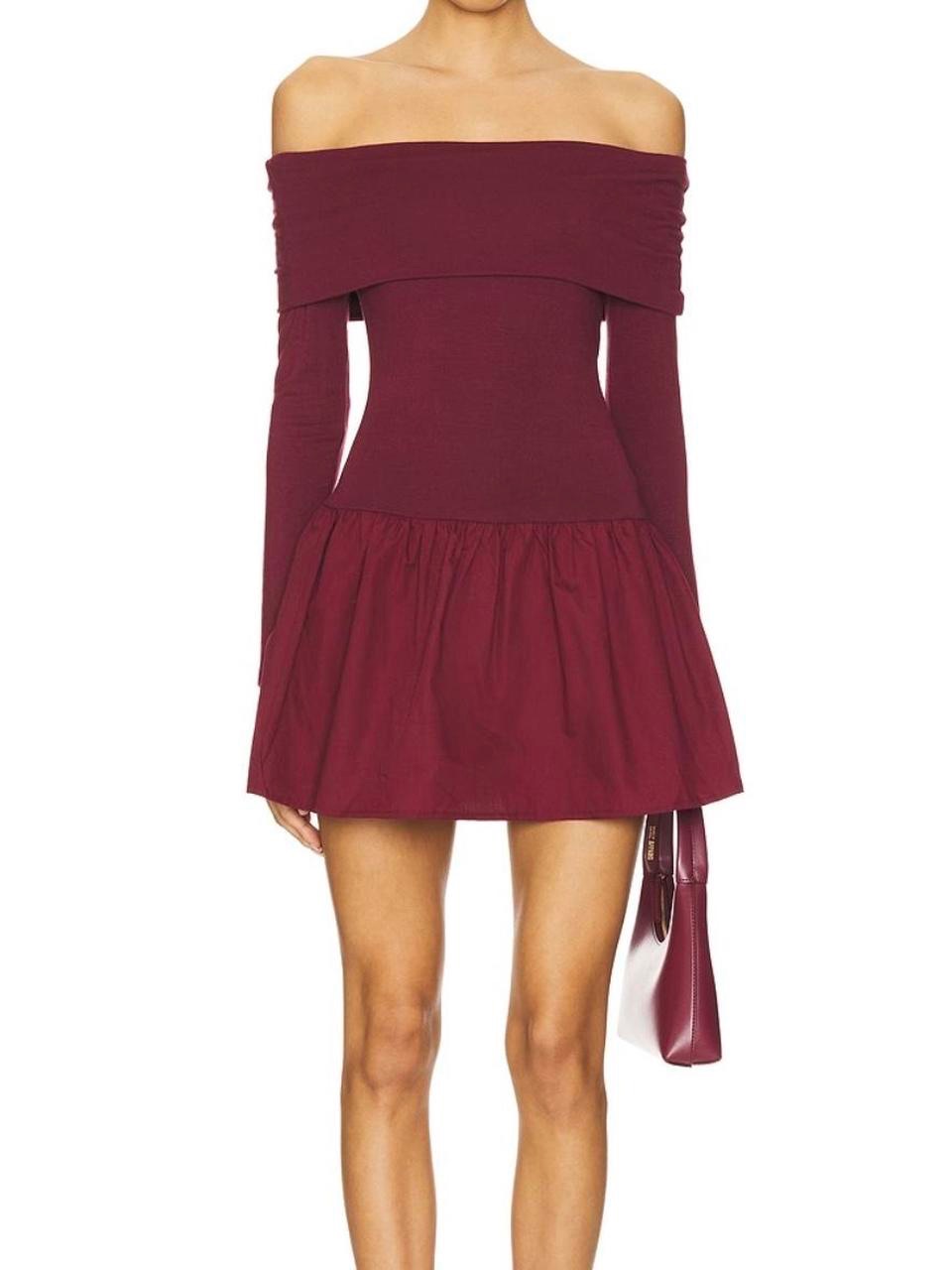 Revolve Off-The-Shoulder Long Sleeve Mini Dress In Burgundy